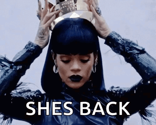 A Woman With A Crown On Her Head And The Words She 'S Back Behind Her GIF
