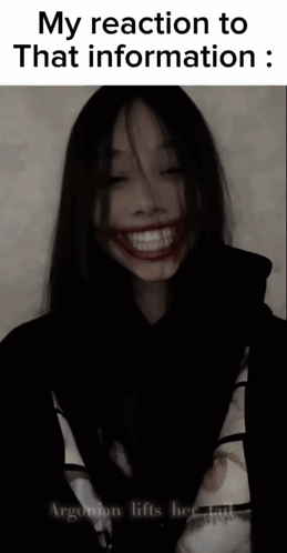 A Woman With A Fake Smile On Her Face And The Words My Reaction To That Information : Argoman Lifts Her Tail GIF