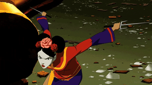 A Woman With A Flower In Her Hair Is Holding A Sword In Her Hand GIF