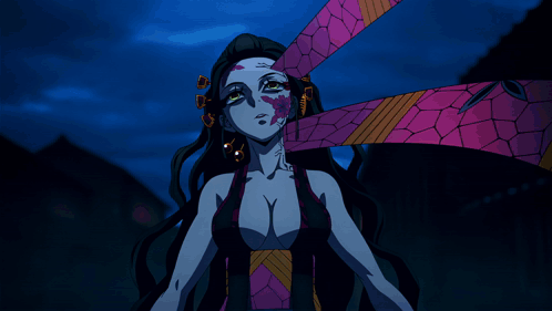 A Woman With A Flower On Her Face Looks Up GIF