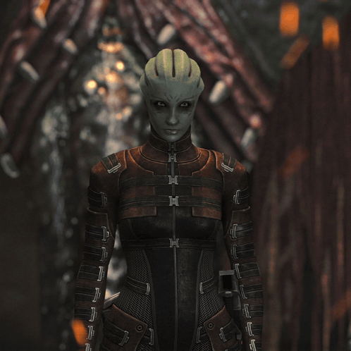 A Woman With A Green Head Is Wearing A Brown And Black Suit GIF