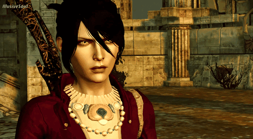 A Woman With A Necklace And A Sword Looks At The Camera With Illusive Soul Written In The Corner GIF