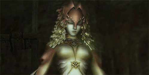A Woman With A Necklace Around Her Neck Is Standing In The Dark GIF