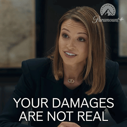 A Woman With A Paramount Logo Behind Her That Says Your Damages Are Not Real GIF