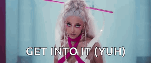 A Woman With A Pink Ribbon Around Her Neck Says Get Into It GIF