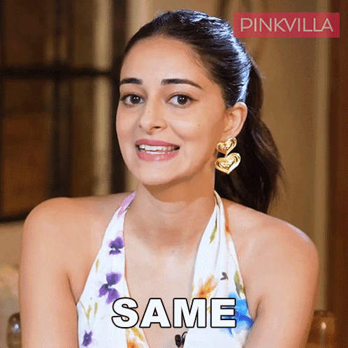A Woman With A Ponytail Is Smiling And The Word Same Is On The Bottom GIF