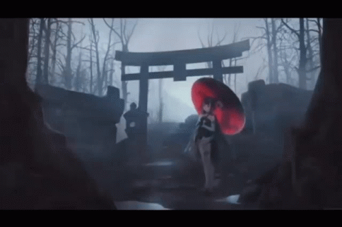 A Woman With A Red Umbrella Is Standing In Front Of A Torii Gate In A Dark Forest . GIF