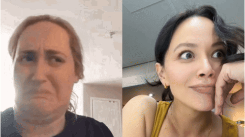 A Woman With A Serious Look On Her Face And A Woman With A Smiling Look On Her Face GIF