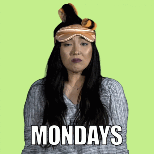 A Woman With A Sleep Mask On Her Head Has The Word Mondays On Her Shirt GIF