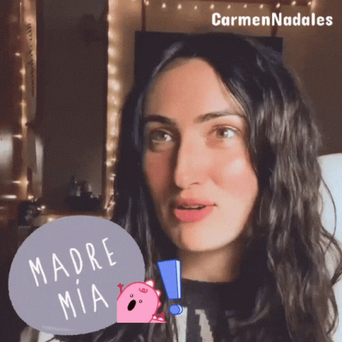 A Woman With A Sticker That Says Madre Mia On It GIF