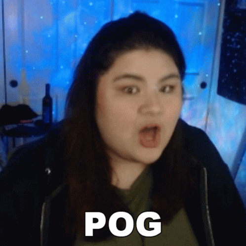 A Woman With A Surprised Look On Her Face And The Word Pog On The Bottom GIF