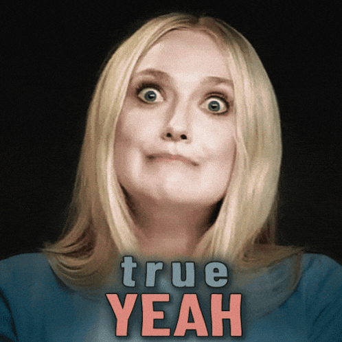 A Woman With A Surprised Look On Her Face And The Words True Yeah Behind Her GIF