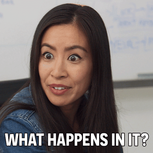 A Woman With A Surprised Look On Her Face And The Words " What Happens In It " Below Her GIF
