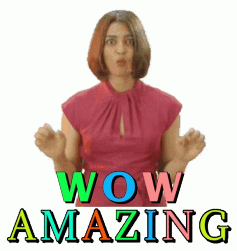 A Woman With A Surprised Look On Her Face And The Words Wow Amazing Below Her GIF