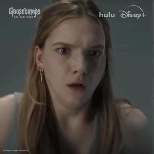 A Woman With A Surprised Look On Her Face Is Featured In An Ad For Goosebumps The Vanishing GIF