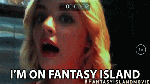 A Woman With A Surprised Look On Her Face Says I 'M On Fantasy Island #Fantasyislandmovie GIF