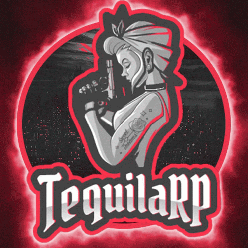 A Woman With A Tattoo On Her Arm Is Holding A Gun In A Logo For Tequilarp GIF