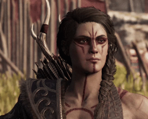 A Woman With A Tattoo On Her Face Is Holding An Arrow GIF