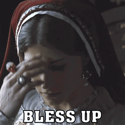 A Woman With A Veil On Her Head And The Words Bless Up Written Above Her GIF