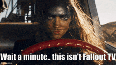 A Woman With Black Paint On Her Face Is Driving A Car With The Caption Wait A Minute This Isn T Fallout Tv GIF