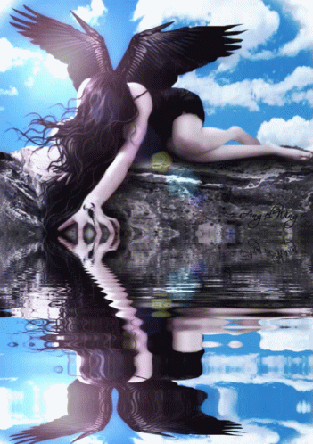 Woman With Black Wings Laying On Rock And Water Reflection GIF