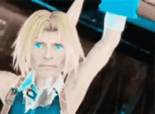 A Woman With Blonde Hair And Blue Eyes Is Holding A Blue Object In Her Hand GIF