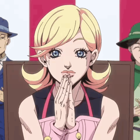 A Woman With Blonde Hair And Blue Eyes Is Praying With Her Hands Together GIF