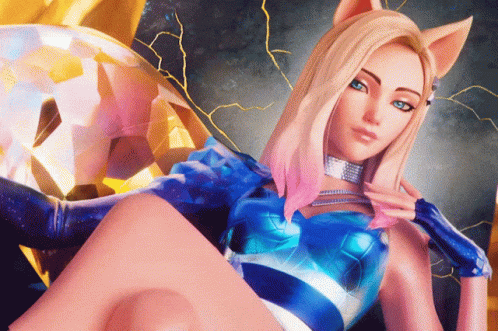 A Woman With Blonde Hair And Blue Eyes Is Wearing A Blue Outfit GIF