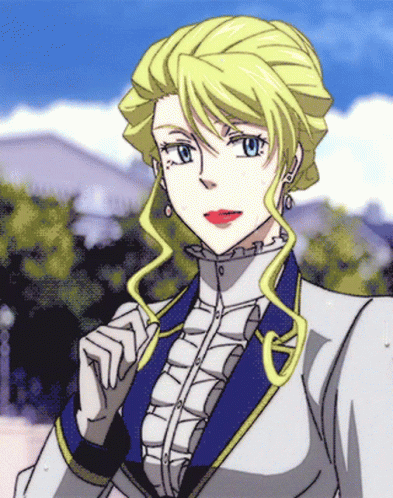 A Woman With Blonde Hair And Blue Eyes Is Wearing A White Shirt And A Blue Jacket GIF