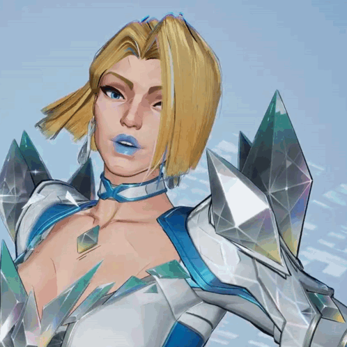 A Woman With Blonde Hair And Blue Lips Is Wearing A Choker GIF