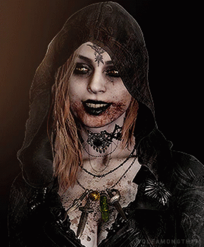 A Woman With Blood On Her Face Is Wearing A Hooded Cape GIF