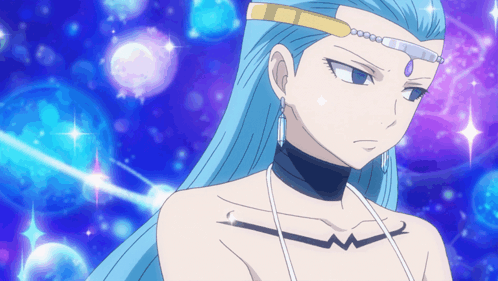 A Woman With Blue Hair And A Choker Has A Purple Stone On Her Forehead GIF