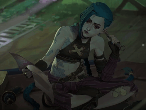 a woman with blue hair and a cross on her chest