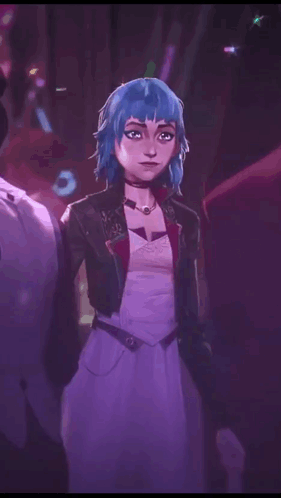A Woman With Blue Hair And A Purple Dress Is Standing Next To A Man In A Suit . GIF