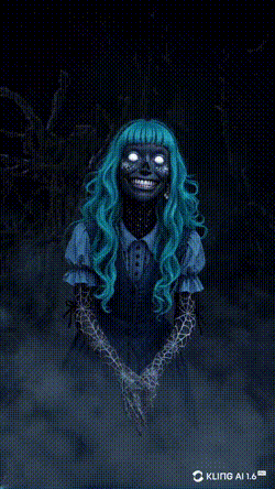 A Woman With Blue Hair And Black Face Is Standing In A Dark Room With Kling Ai 1.6 In The Corner GIF