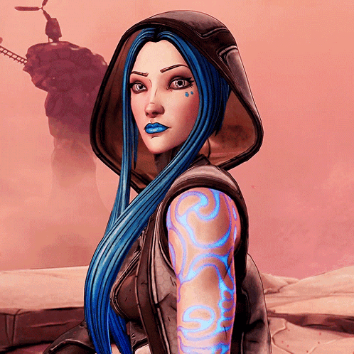 A Woman With Blue Hair And Blue Lipstick Is Wearing A Hooded Jacket GIF