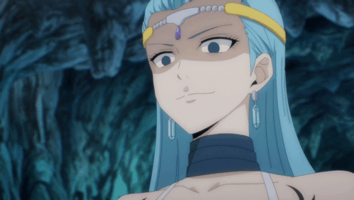 A Woman With Blue Hair Has A Crown On Her Head And Earrings GIF