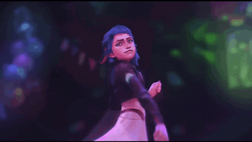 A Woman With Blue Hair Is Dancing With Her Hands In The Air GIF