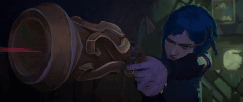 A Woman With Blue Hair Is Holding A Cannon In Her Hands . GIF