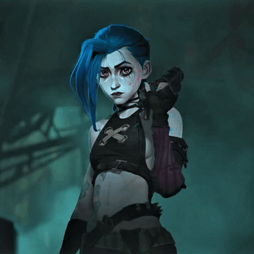 a woman with blue hair is holding a gun and giving the thumbs up sign