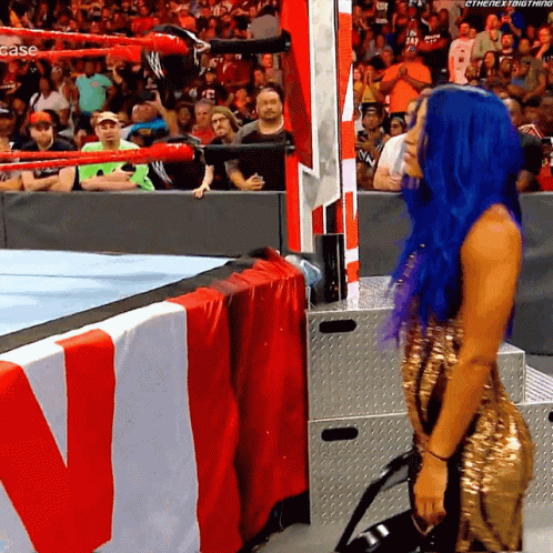 A Woman With Blue Hair Is Kneeling Down In Front Of A Wrestling Ring That Says Case On It GIF