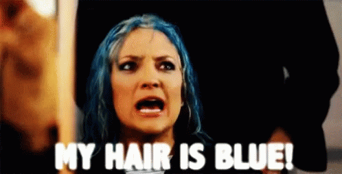 A Woman With Blue Hair Is Saying `` My Hair Is Blue ! '' GIF