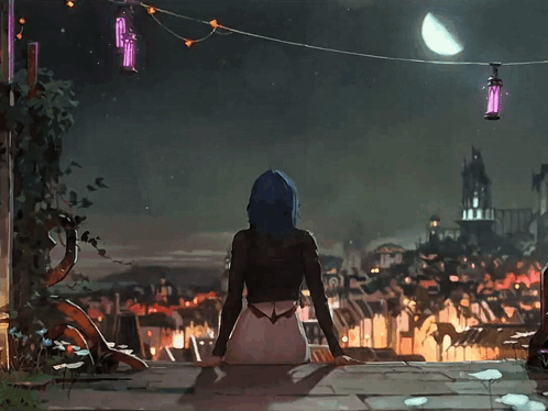 A Woman With Blue Hair Is Sitting On A Balcony Looking At A City At Night GIF