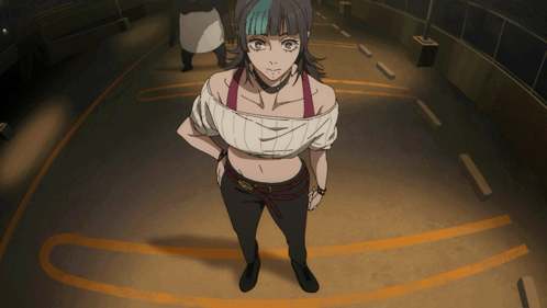 A Woman With Blue Hair Is Standing In A Parking Garage GIF