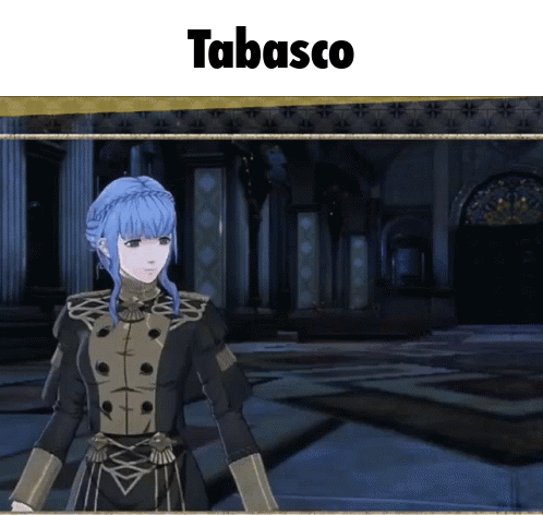 A Woman With Blue Hair Is Standing In Front Of A Sign That Says Tabasco On It GIF
