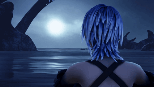 A Woman With Blue Hair Is Standing In The Water GIF