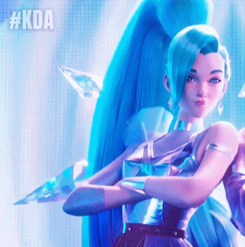 A Woman With Blue Hair Is Standing With Her Arms Crossed And #Kda Written On The Bottom GIF