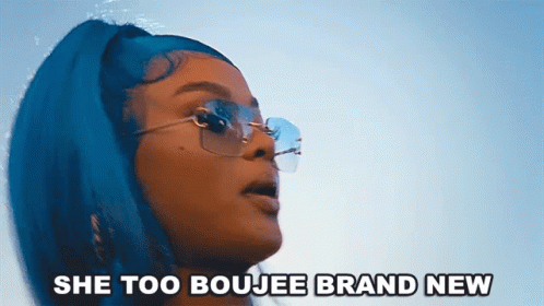 A Woman With Blue Hair Is Wearing Sunglasses And The Caption Says She Too Boujee Brand New GIF