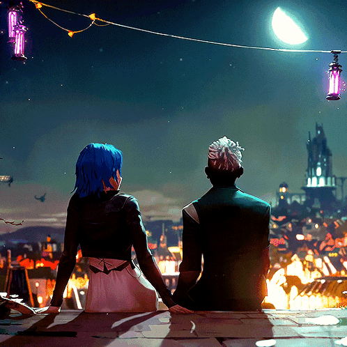 A Woman With Blue Hair Sits Next To A Man With White Hair GIF