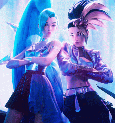 A Woman With Blue Hair Stands Next To A Man With Purple Hair GIF